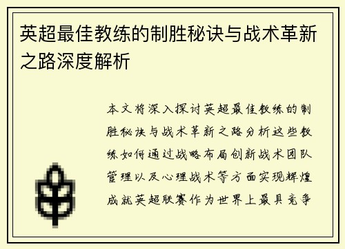 英超最佳教练的制胜秘诀与战术革新之路深度解析