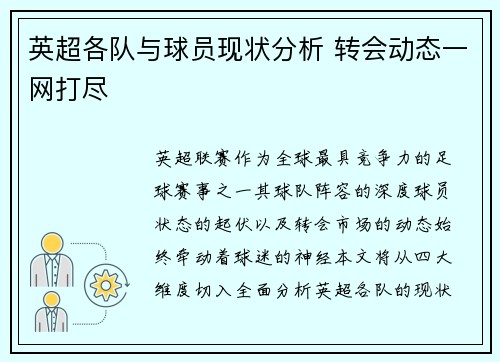英超各队与球员现状分析 转会动态一网打尽