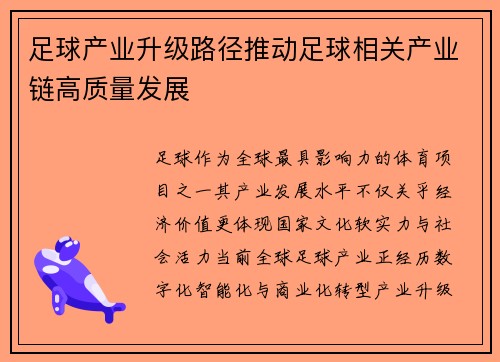 足球产业升级路径推动足球相关产业链高质量发展