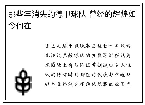 那些年消失的德甲球队 曾经的辉煌如今何在
